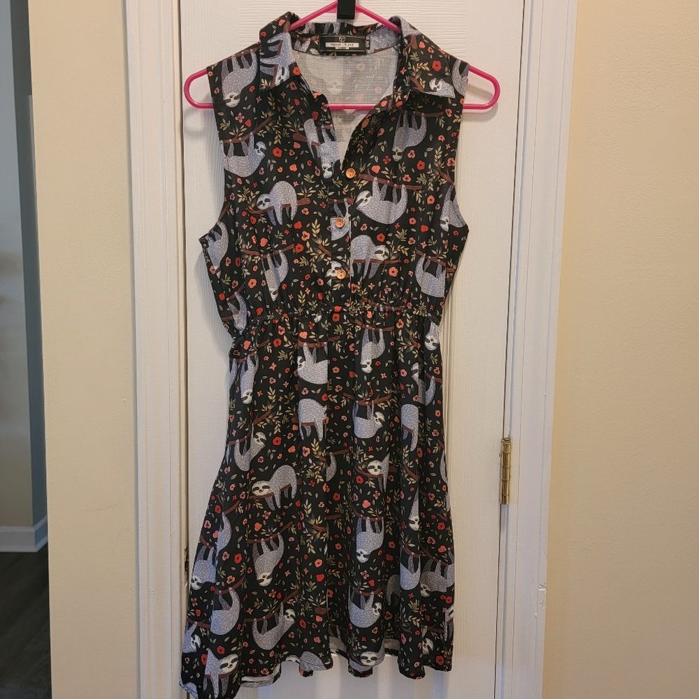 Paper Plane London Tropical Sleepy Sloths Novelty Print Dress Women's Size S/M